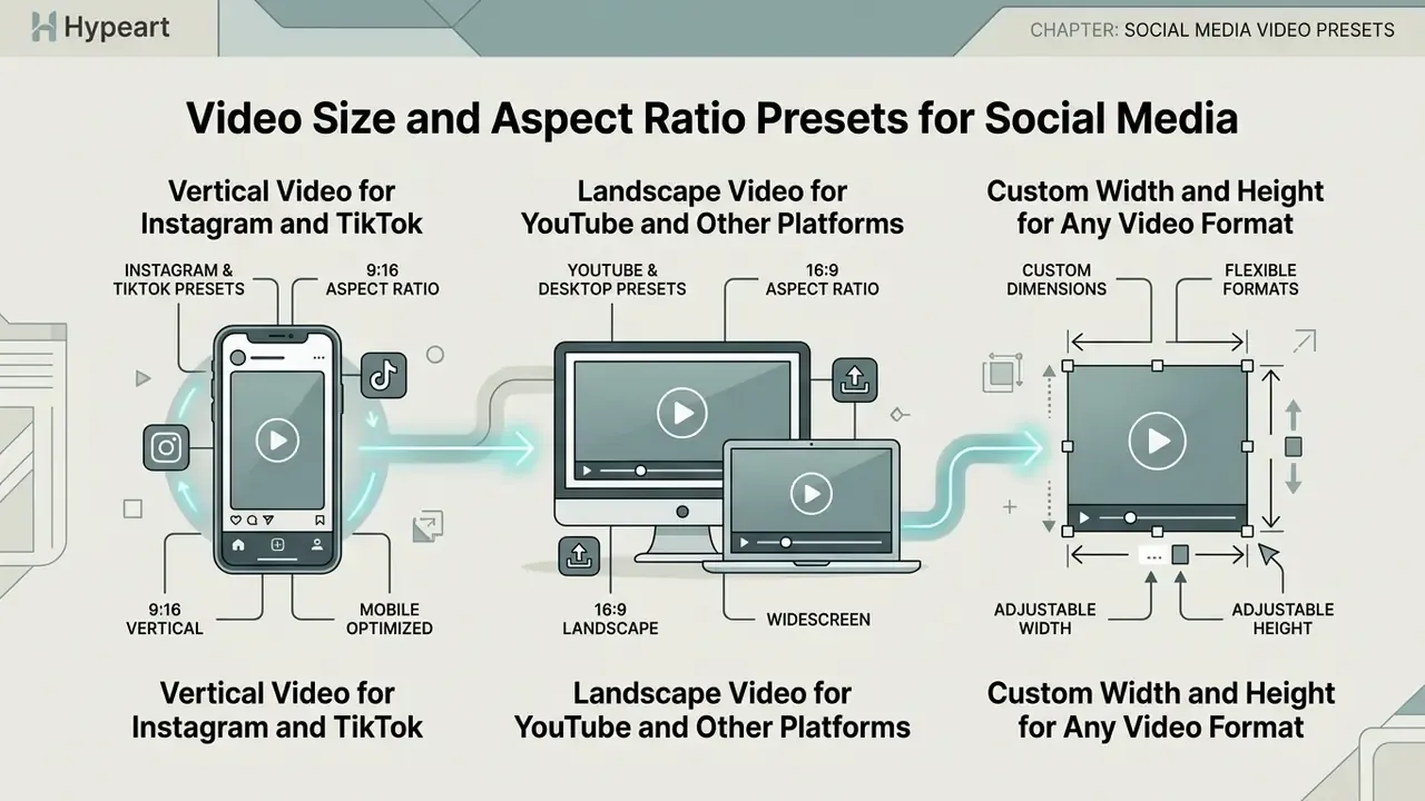 Diagram showing vertical mobile, landscape desktop, and custom dimensions for video formats