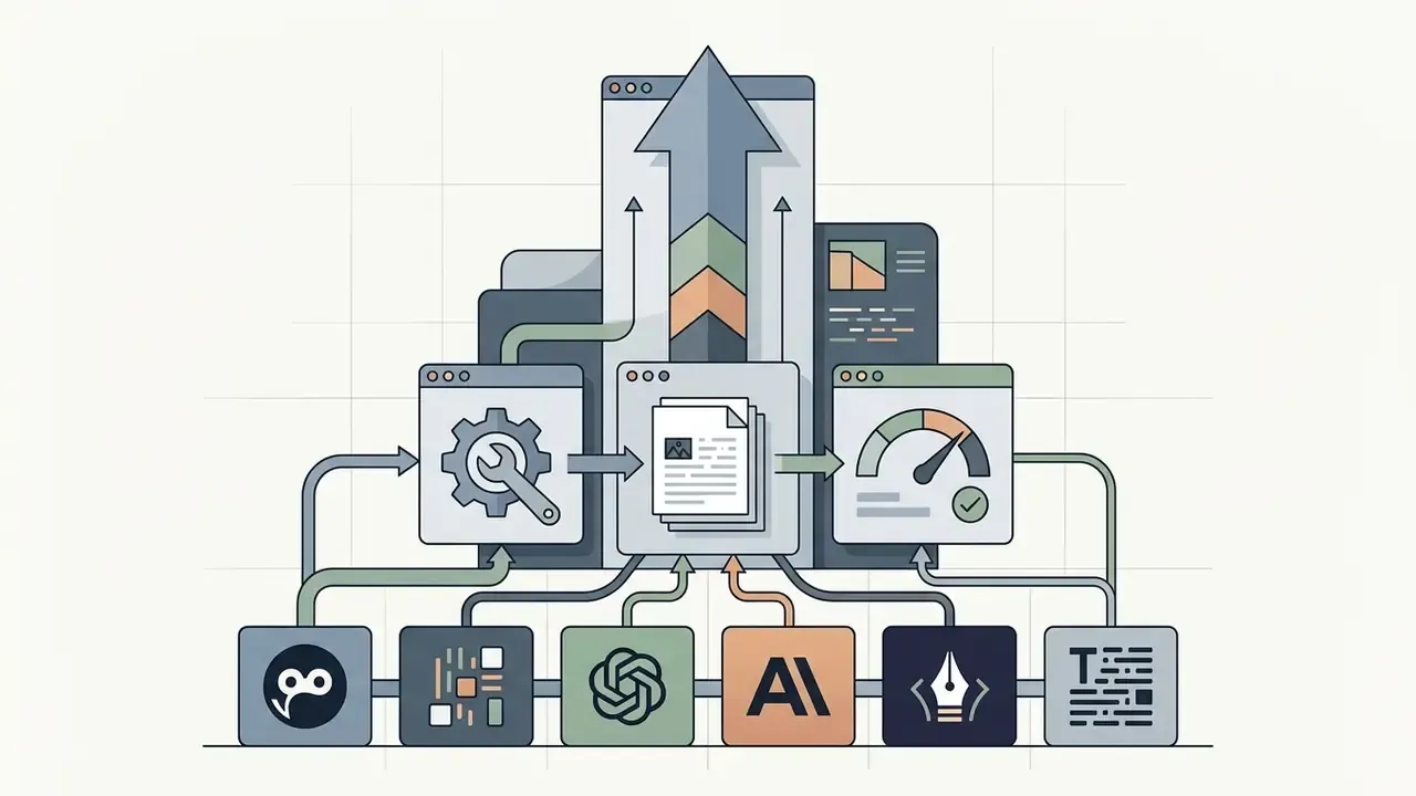 Multiple software icons feeding into a central processing workflow with upward arrows and dashboard gauges