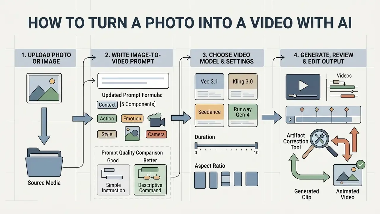 Four-step process for converting static images into animated video clips using AI model settings
