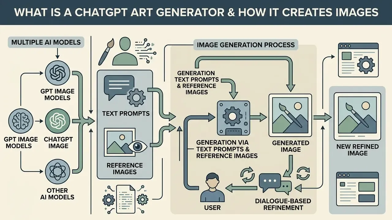 Infographic showing how AI models use text prompts and reference images to generate and refine visual art