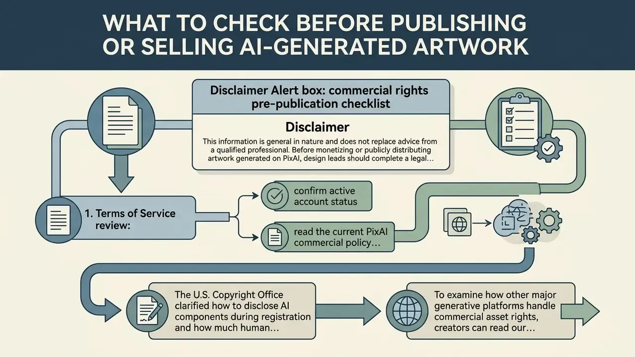 Process diagram outlining a legal checklist for verifying commercial rights before distributing AI artwork