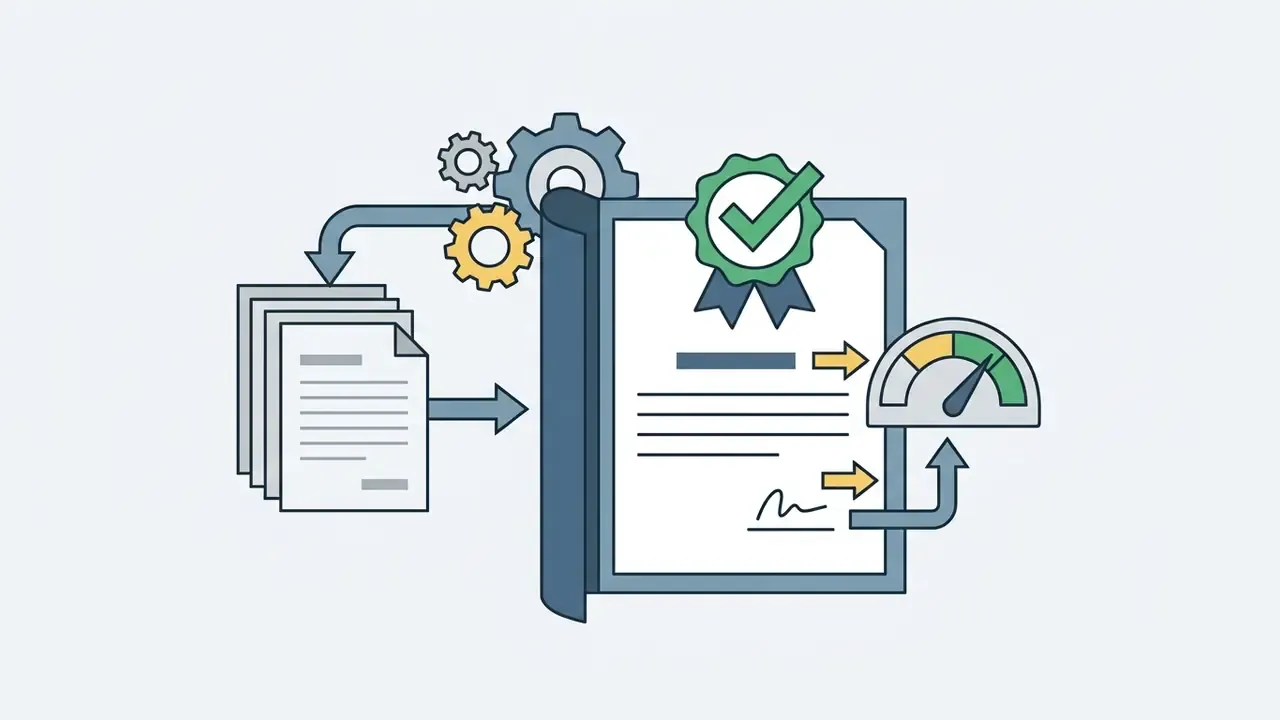 Stack of documents being processed by gears into a signed certificate with a checkmark and gauge
