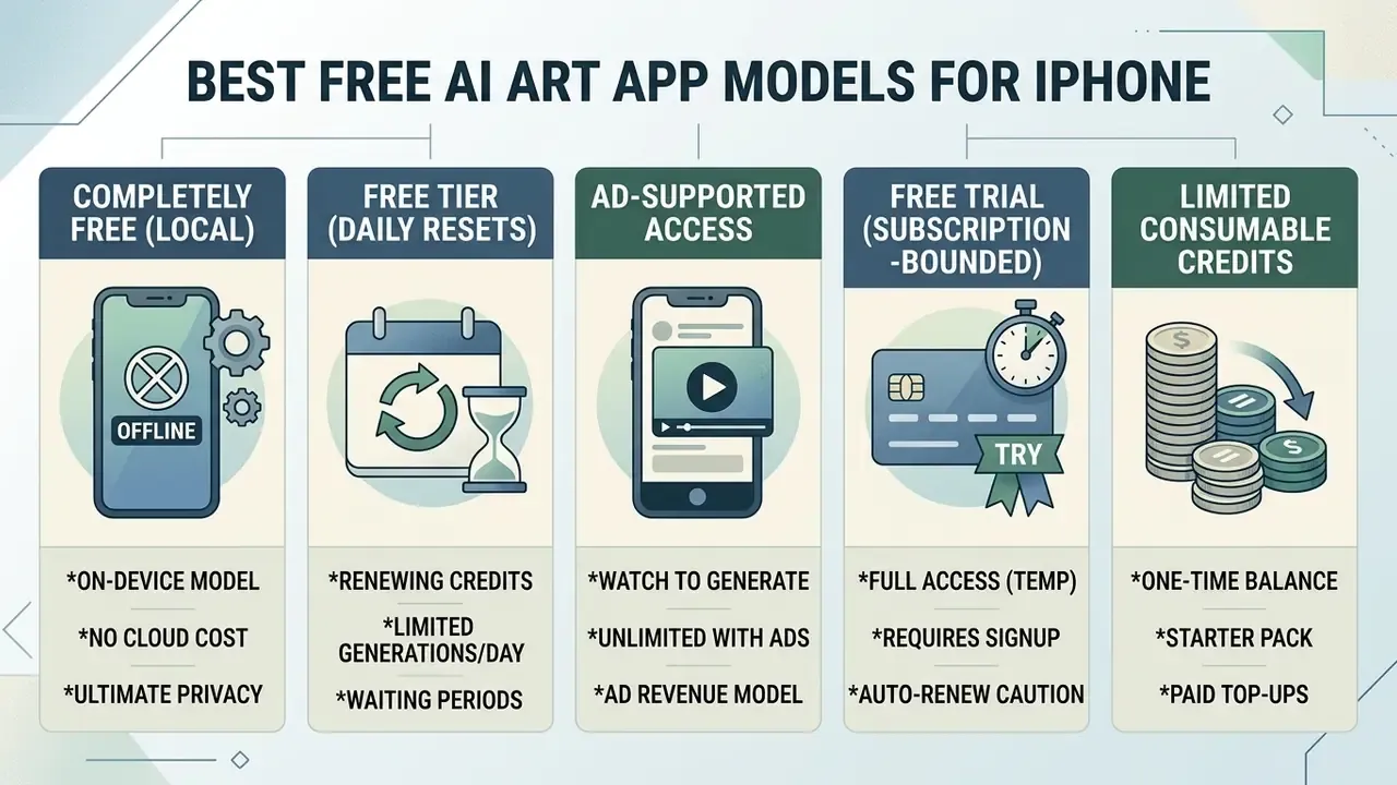 Five vertical panels explaining different monetization models for an AI art app on iPhone