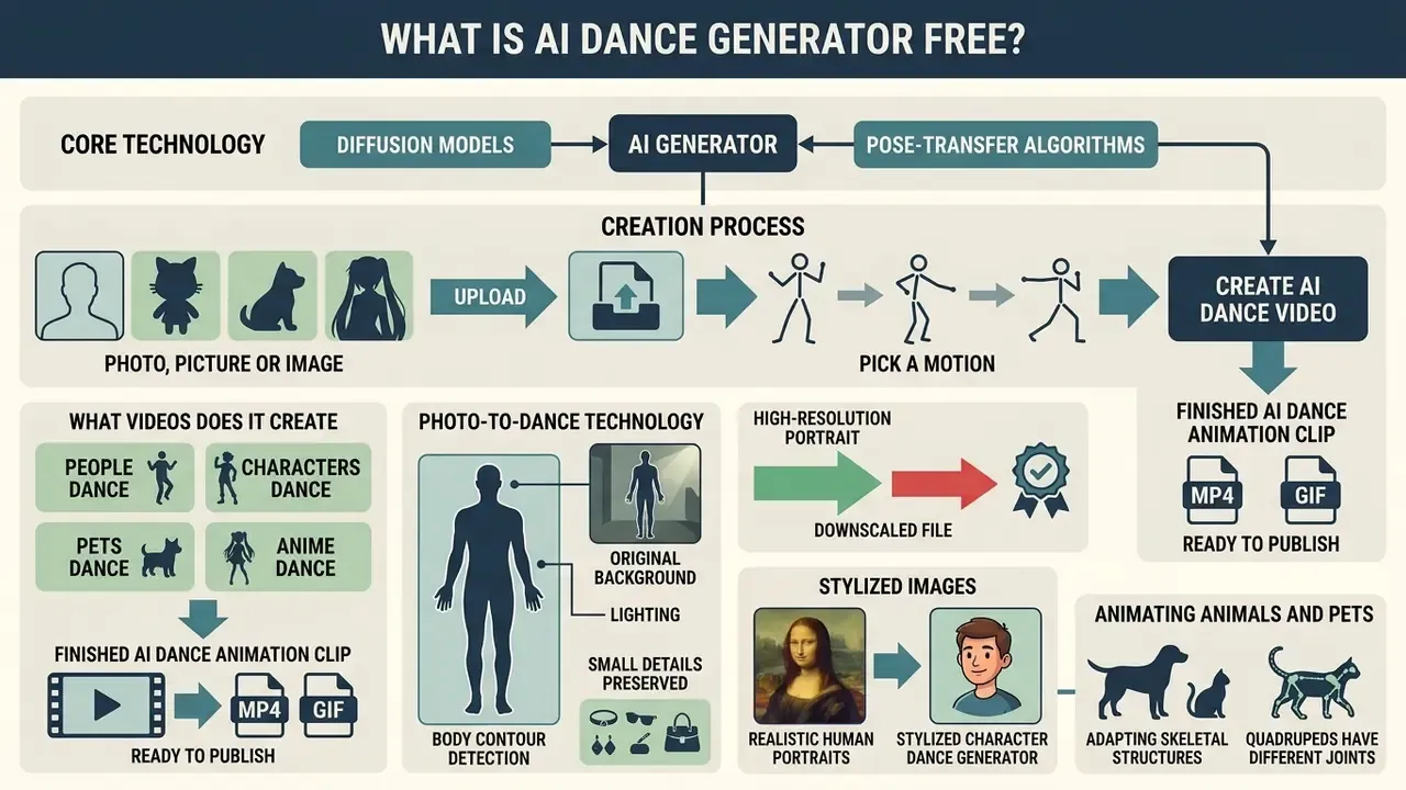 Infographic explaining how an AI dance generator free tool transforms static images into animated videos