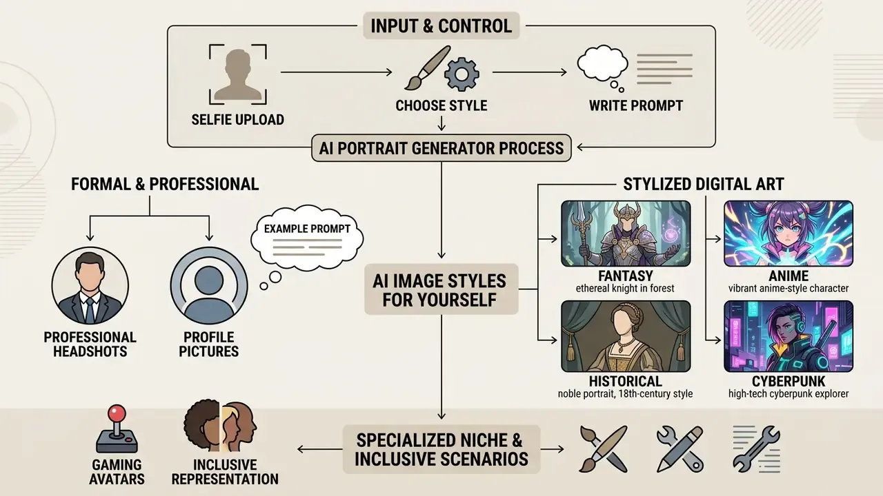 Diagram showing various AI image styles and ideas for pictures of yourself ranging from formal to fantasy