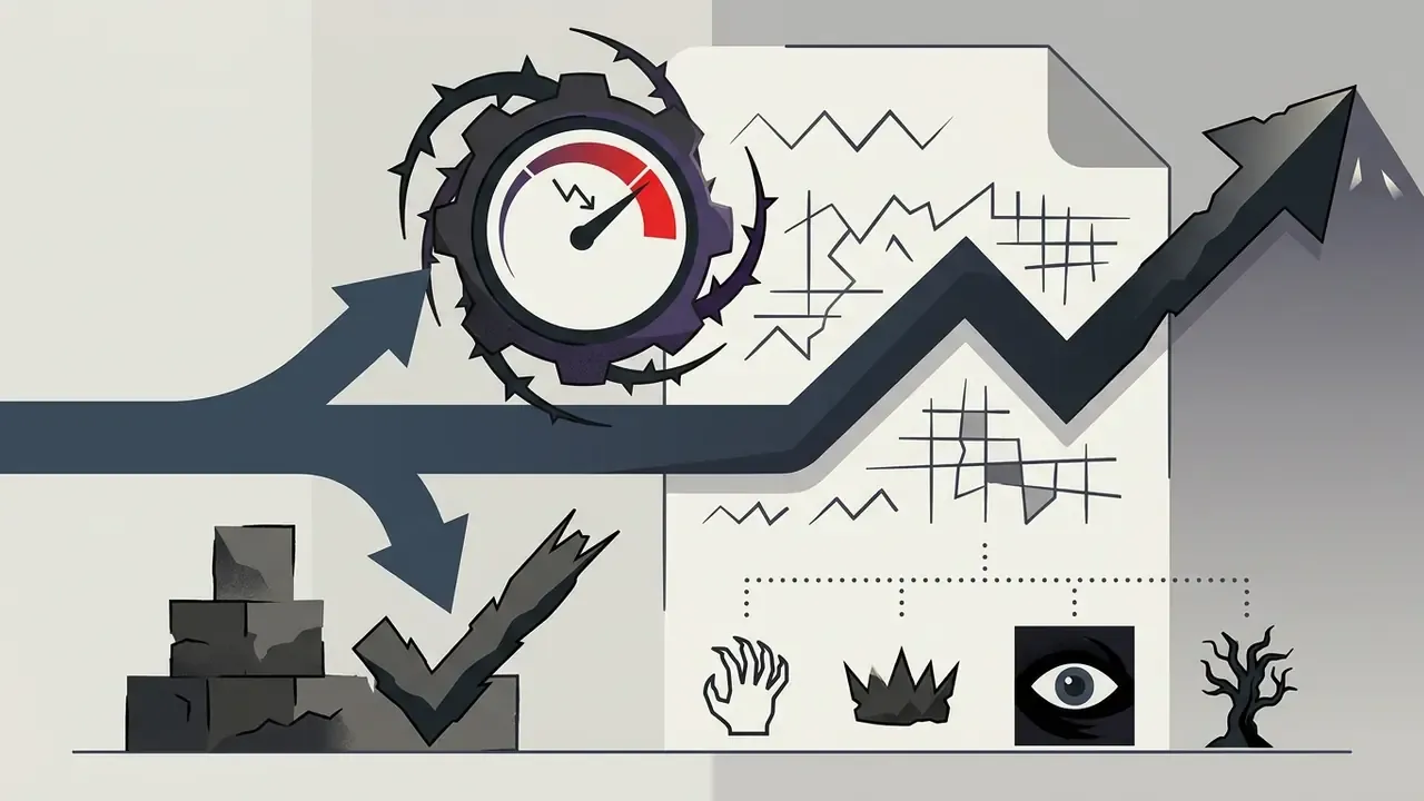 Thorny gear gauge and an upward arrow pointing toward dark fantasy icons on a document background
