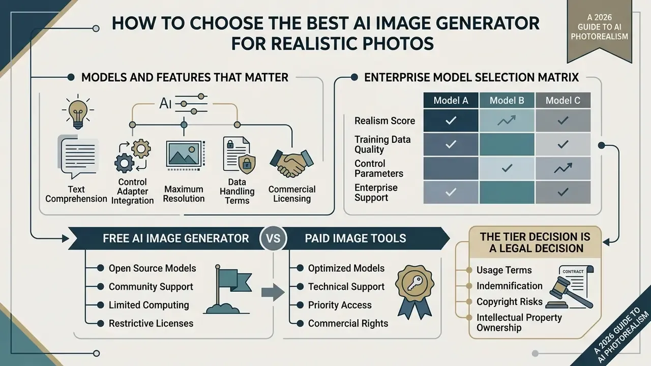 Comparison chart of model features, selection matrices, and legal considerations for image platforms