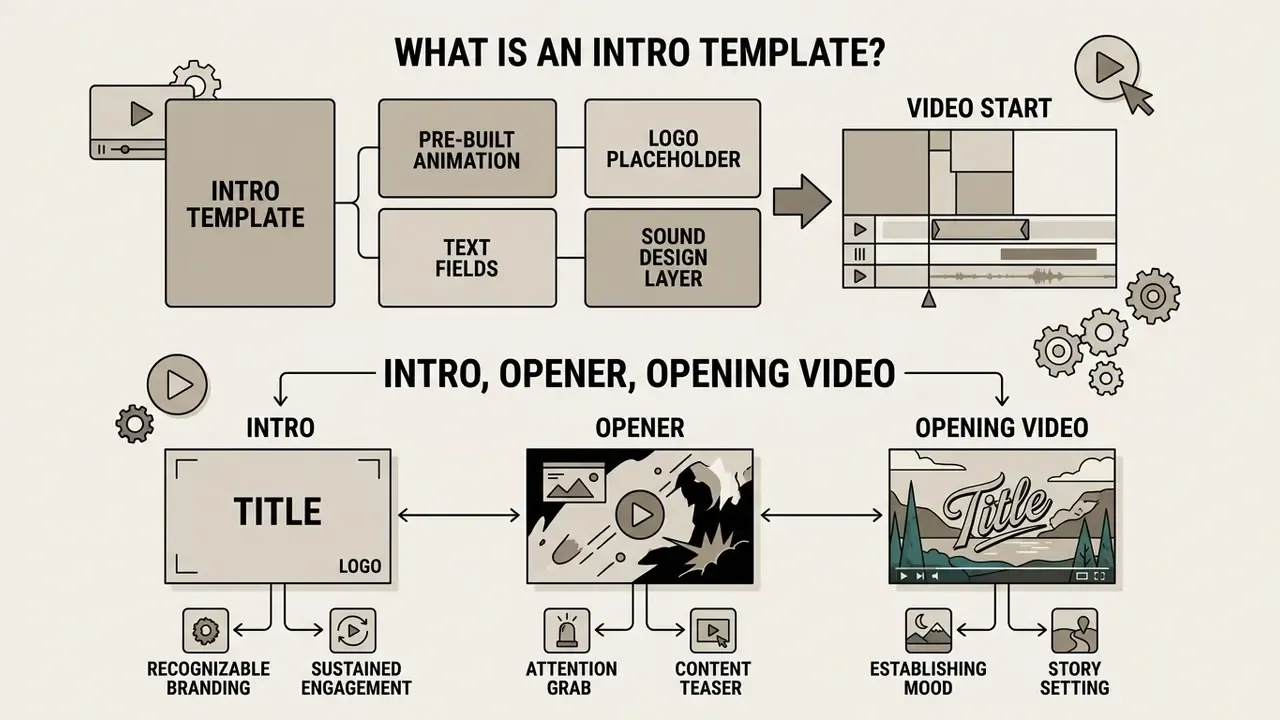 Infographic showing components of an intro template and comparing the functions of intros, openers, and opening videos