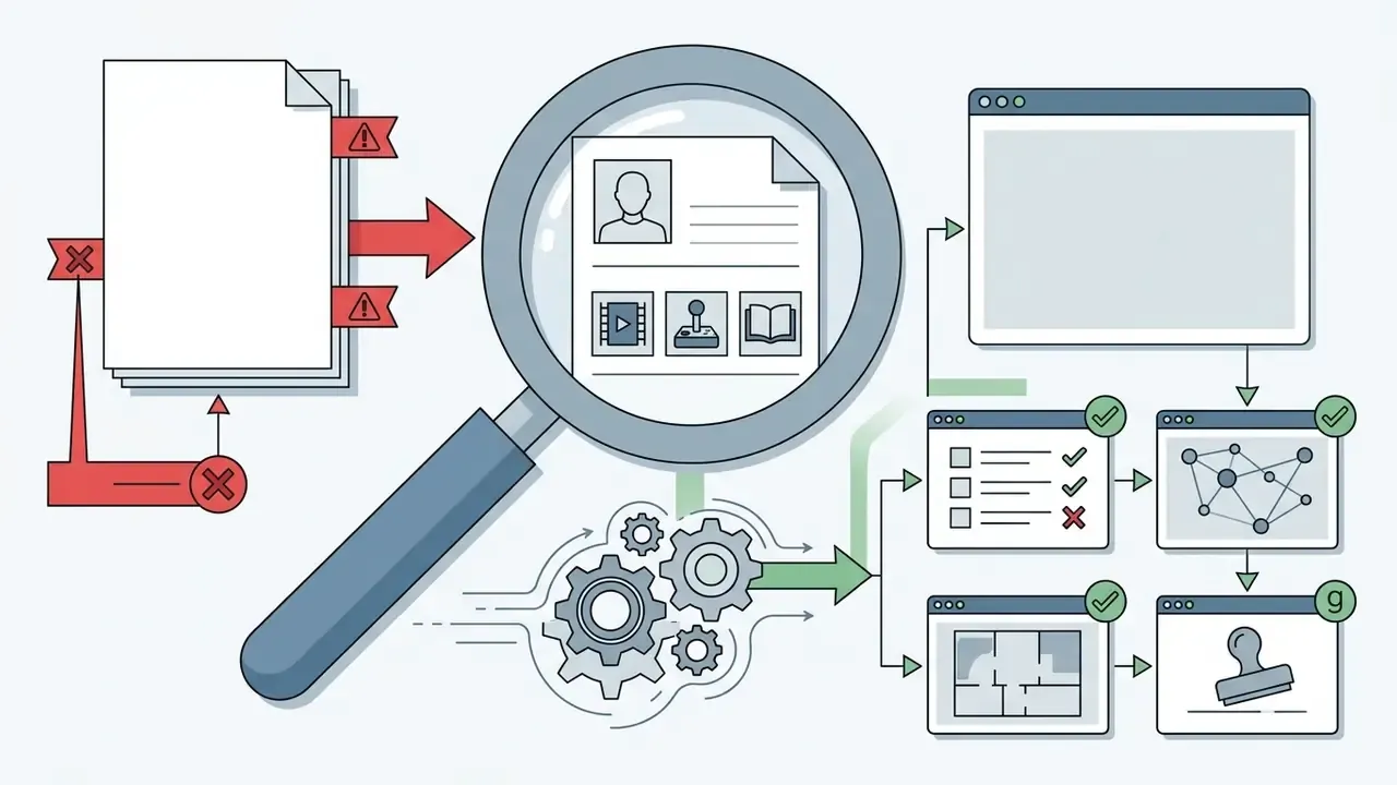 Magnifying glass examining professional credentials and documentation flow toward validation icons