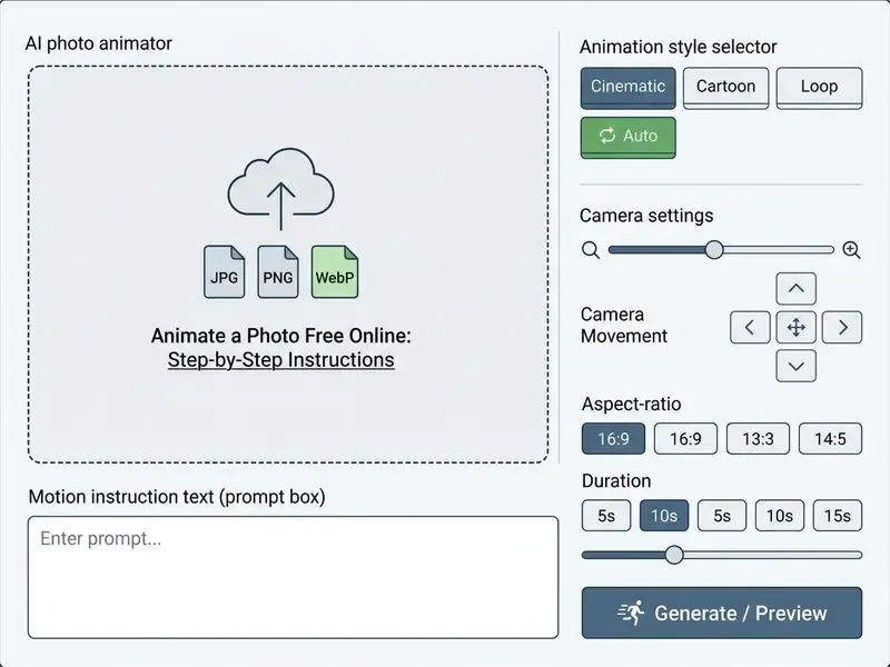 Control panel interface to ai animate image online free with upload, prompt, and motion setting tools