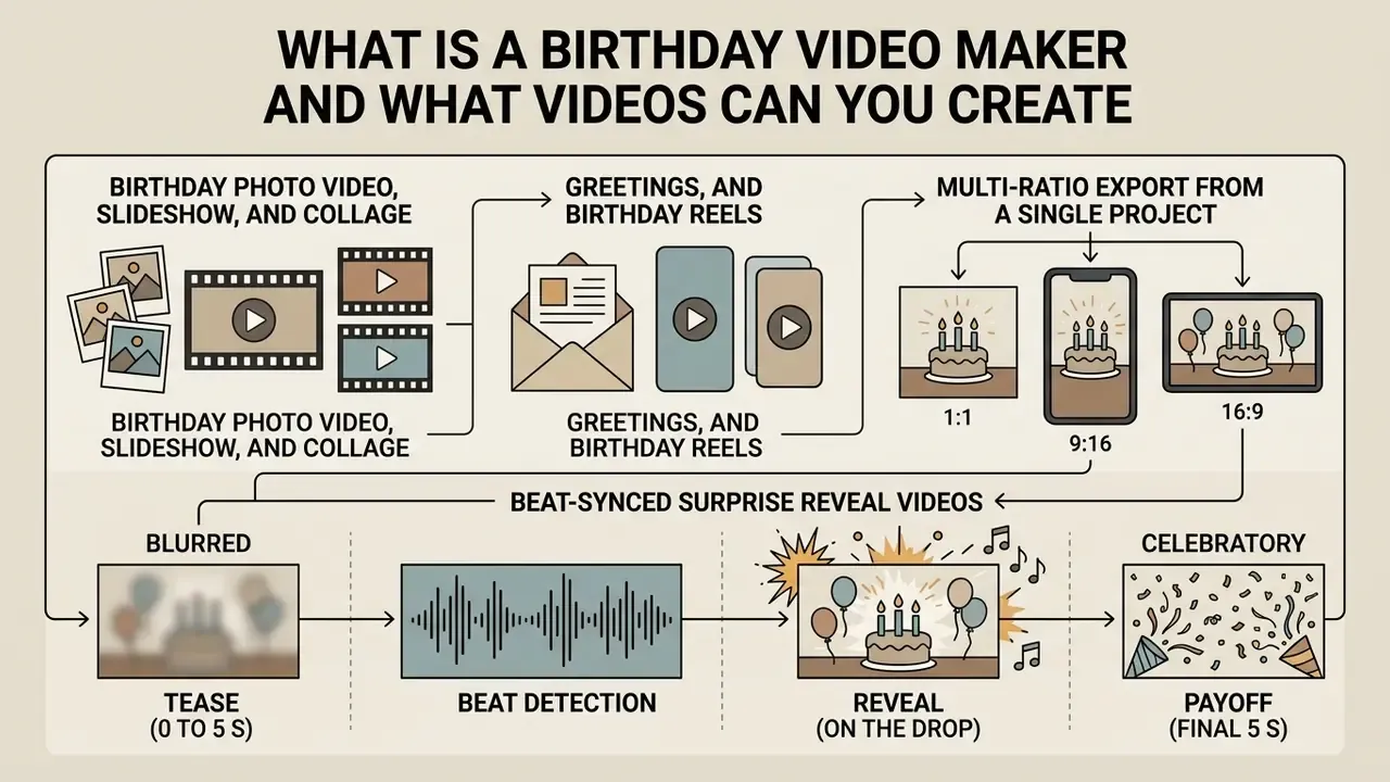 Infographic illustrating birthday video types, multi-ratio export options, and beat-synced reveal stages