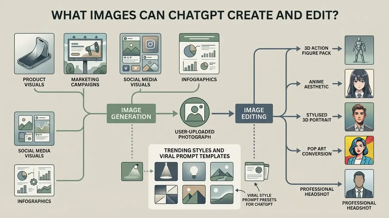 Infographic showing how ChatGPT handles image generation and editing for various styles and media formats