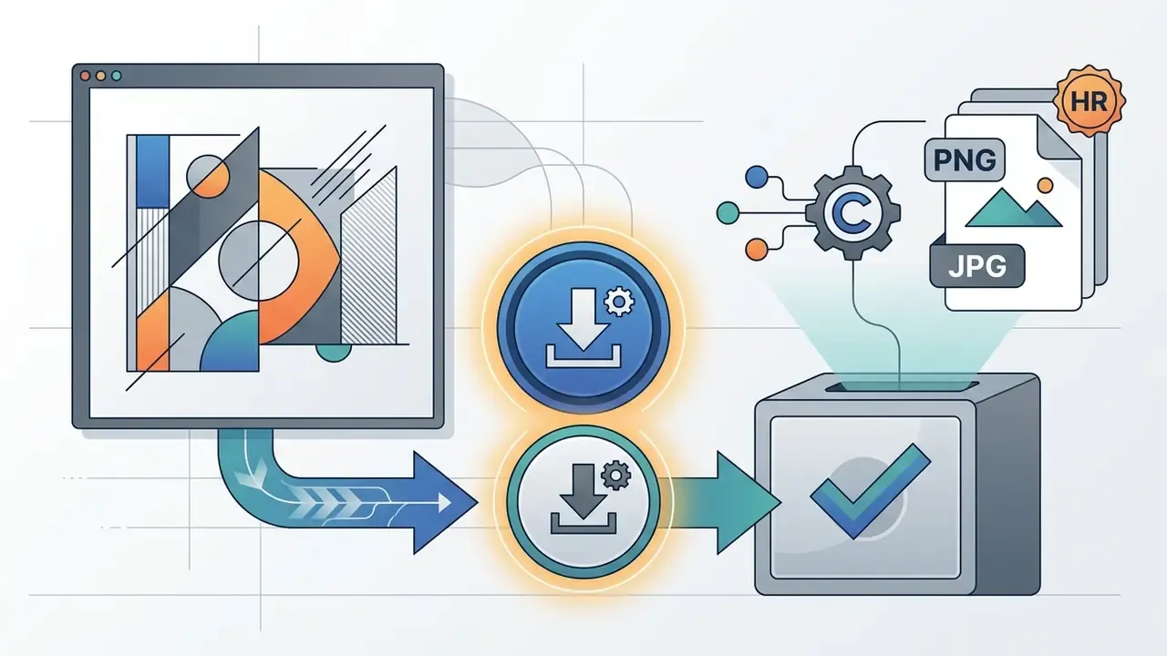 Interface showing an asset being downloaded and processed into PNG or JPG files with credentials