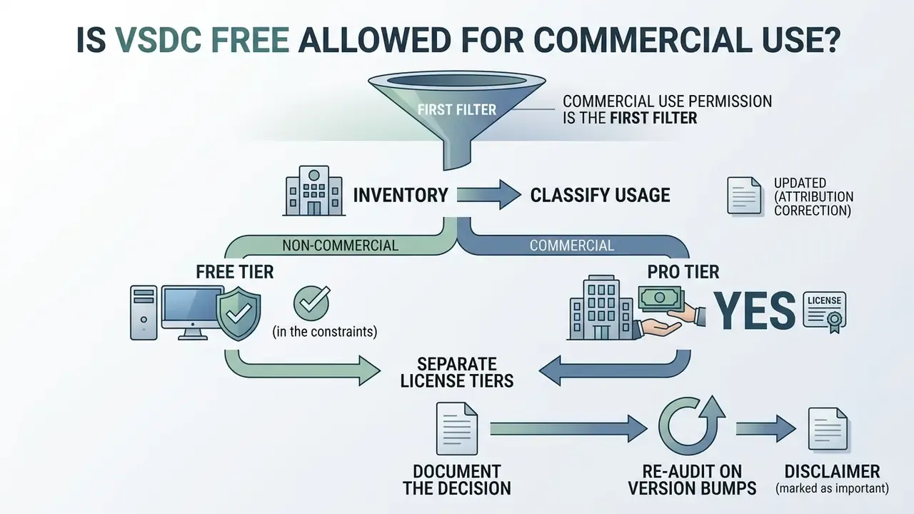 Flowchart illustrating the compliance steps for determining commercial use of VSDC Free Video Editor