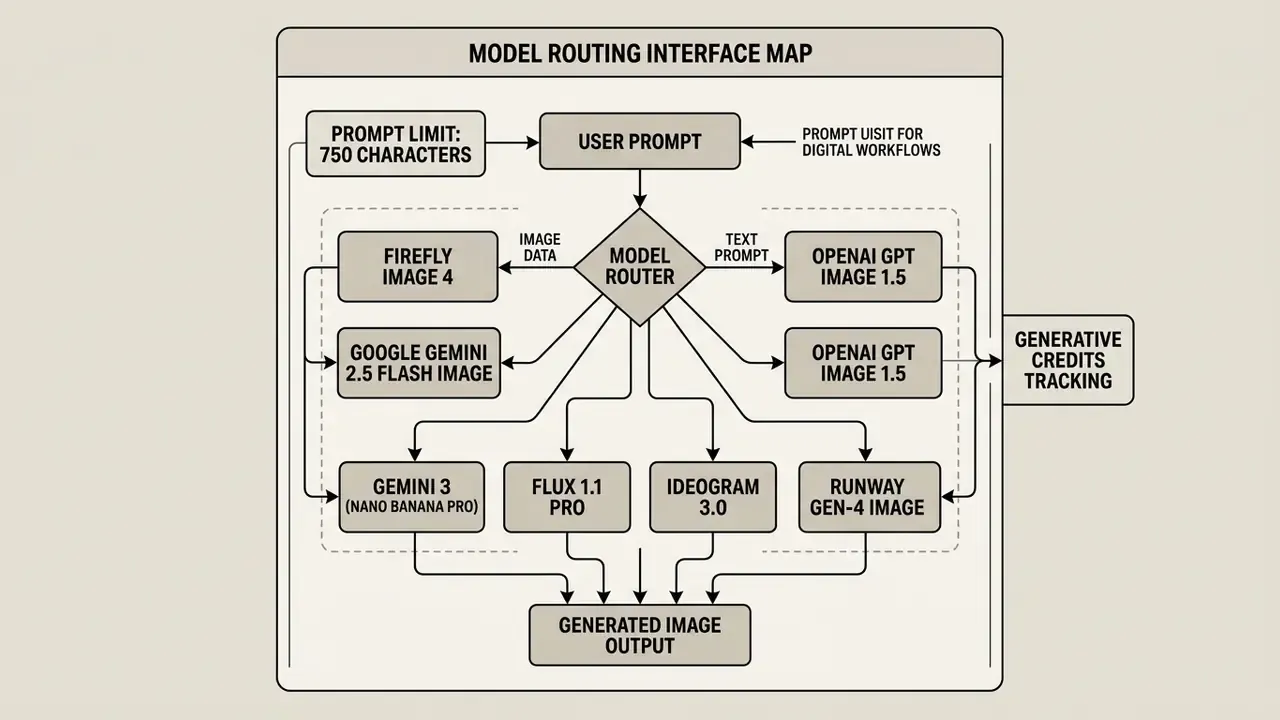 Schematic diagram showing how a model router directs prompts to various adobe ai image generator models
