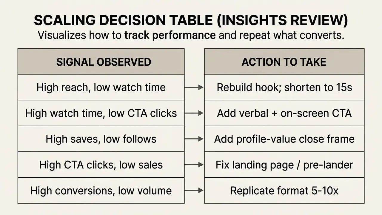 Decision table mapping specific content performance signals to corresponding optimization actions