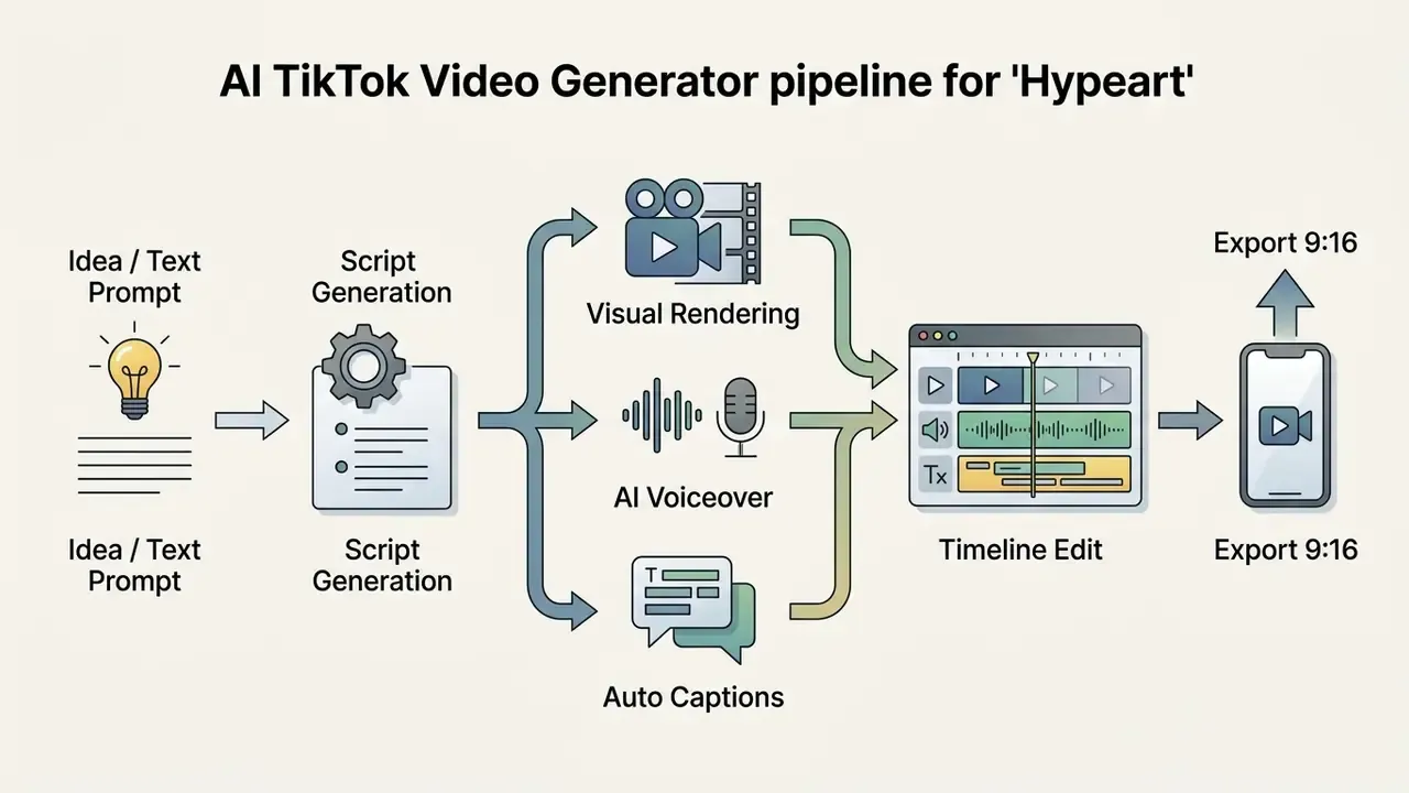 Flowchart showing an AI TikTok video generator process from text prompt to final export