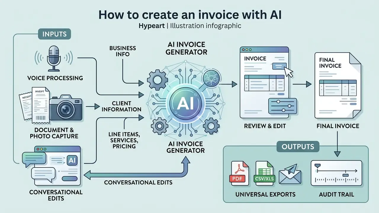 Flowchart depicting voice and document inputs processed by an AI engine into editable invoices and exports