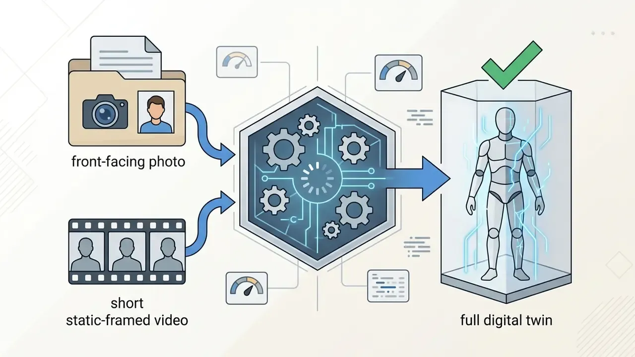 Photo and video inputs feeding into a central gear processor to create a 3D human digital twin