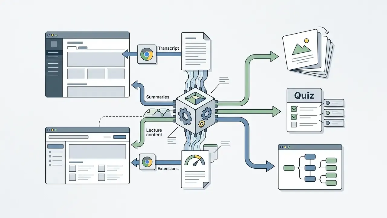 Central processor connecting browser extensions to LMS platforms for generating quizzes and study materials