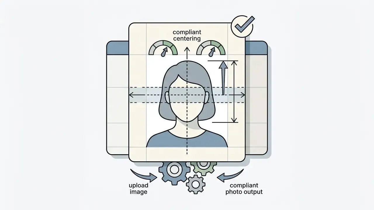 Head silhouette in a frame with measurement guides for eye placement and gears symbolizing processing