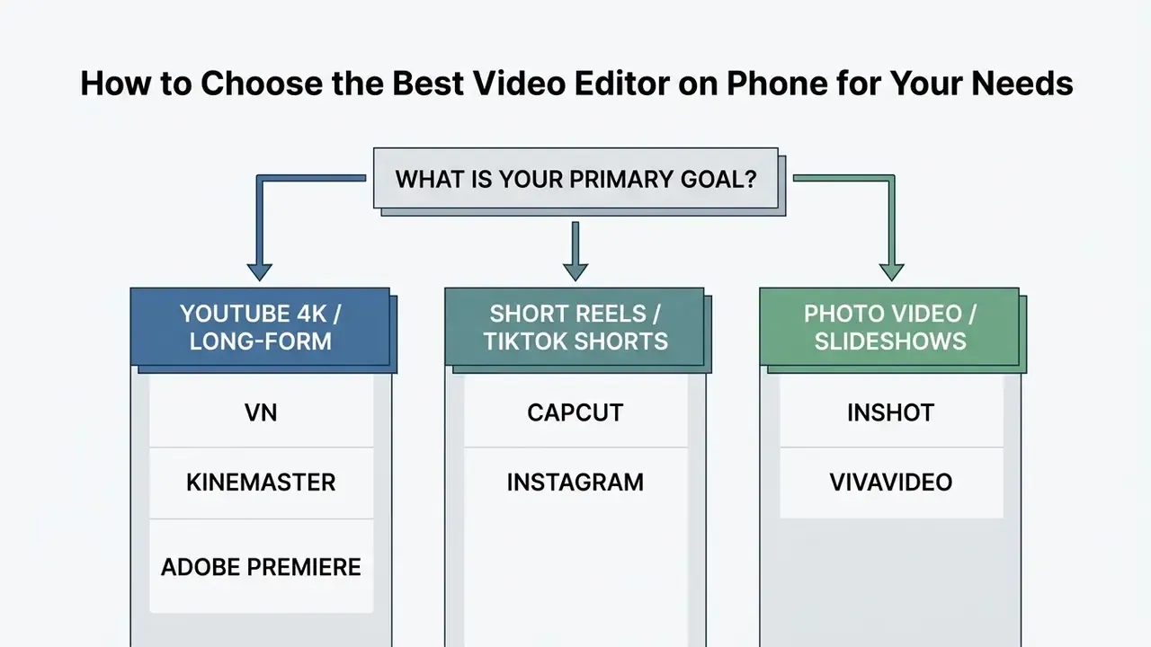 Decision tree mapping video project goals to recommended mobile editing software options