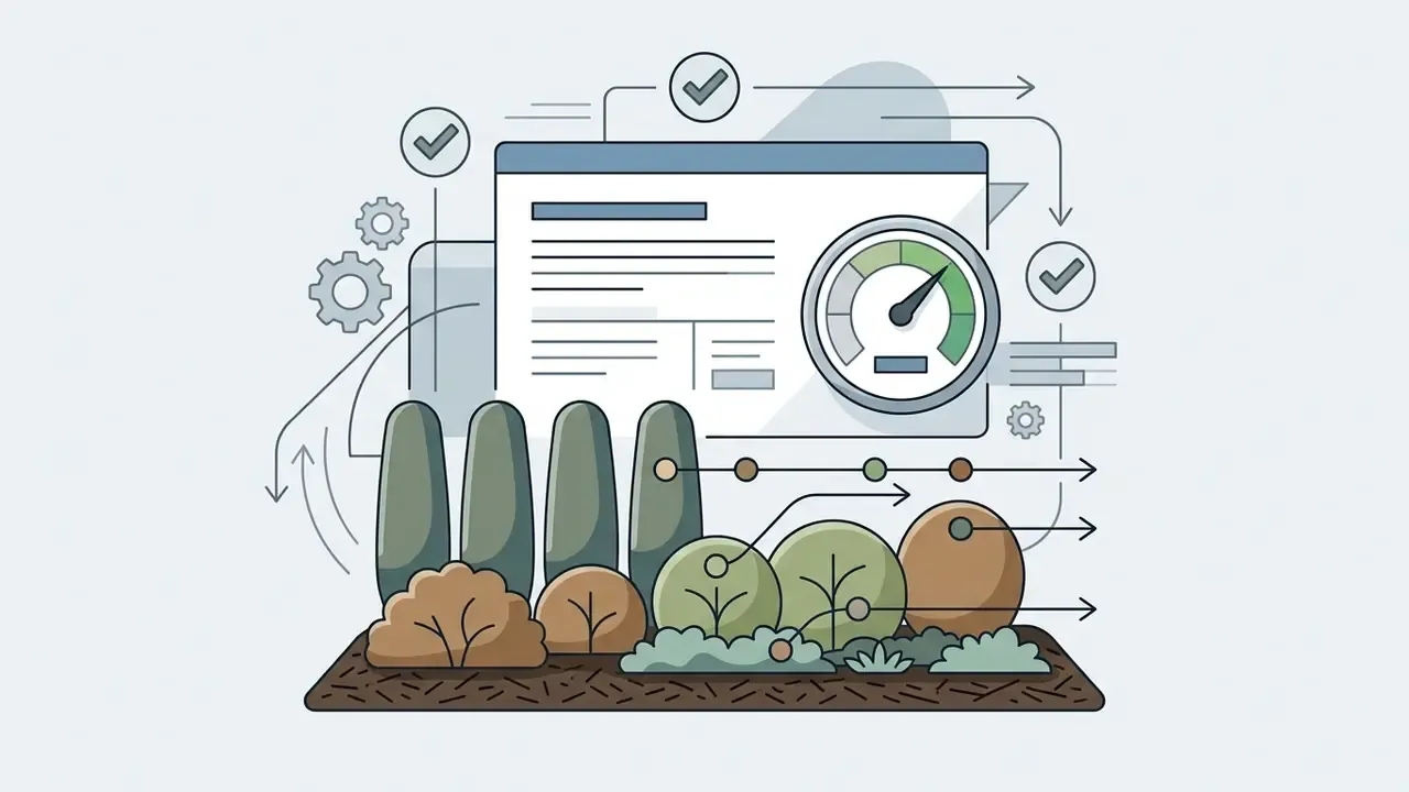 Dashboard with a gauge icon monitoring the arrangement of layered garden plants and mulch ground covers