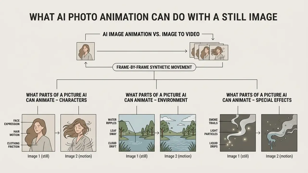 Diagram showing how AI transforms still images into animated sequences by adding motion to specific elements