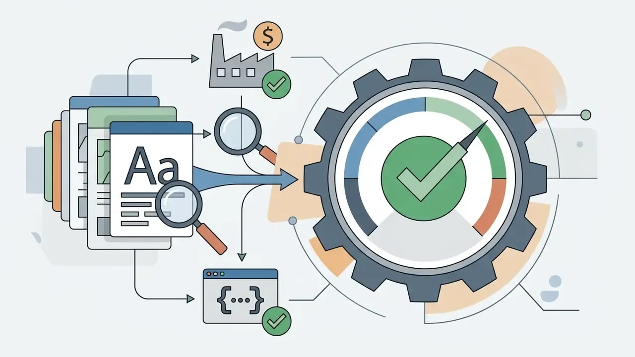 Documents with typeface icons being inspected and fed into a gear mechanism with a checkmark gauge