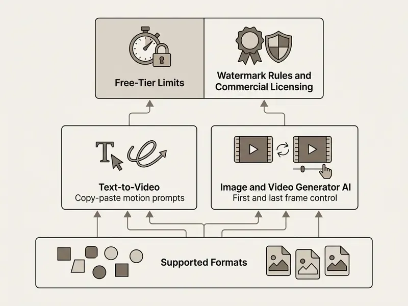 Flowchart displaying supported formats, text-to-video prompts, and AI video generator control settings