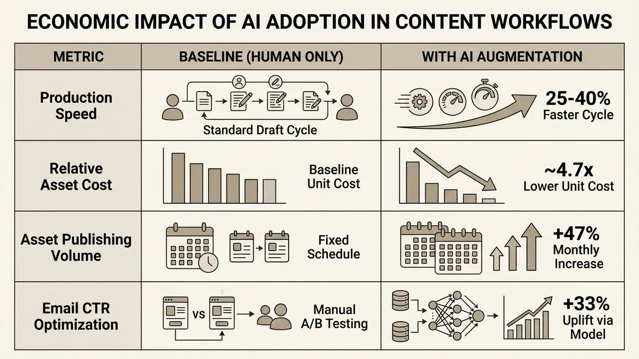 Comparison table displaying metrics for human-only workflows versus those enhanced by AI tools