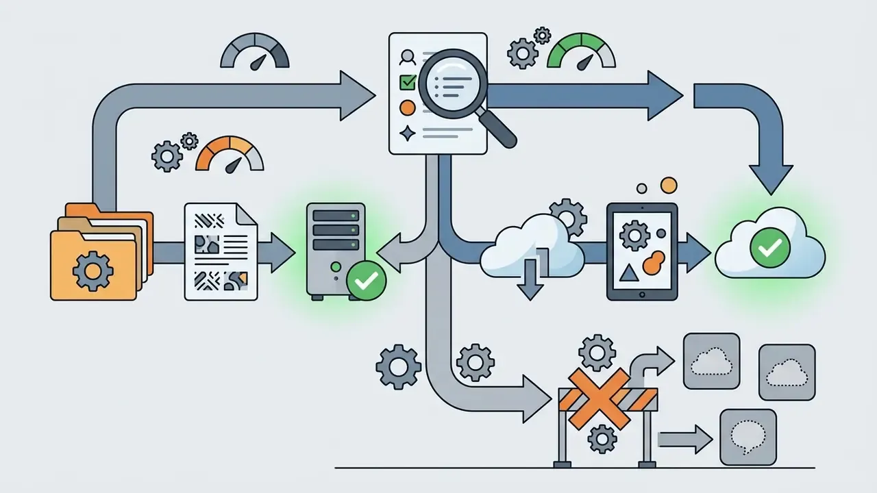 Flowchart showing file processing paths that allow approved local and cloud tools while blocking others