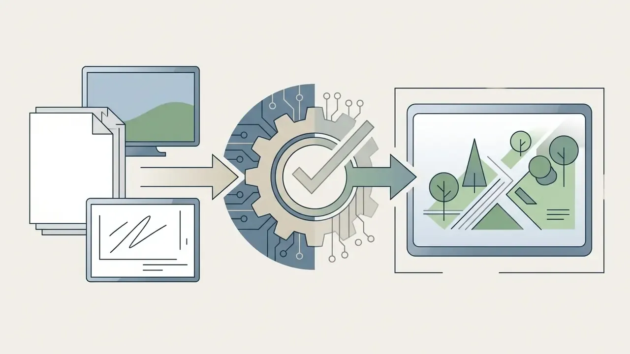 Digital files and sketches transforming through a central gear icon into a rendered landscape design