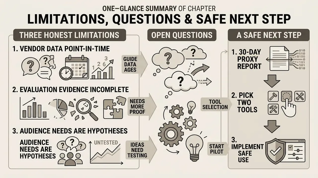 Infographic summarizing project limitations, open questions, and a structured three-step implementation plan