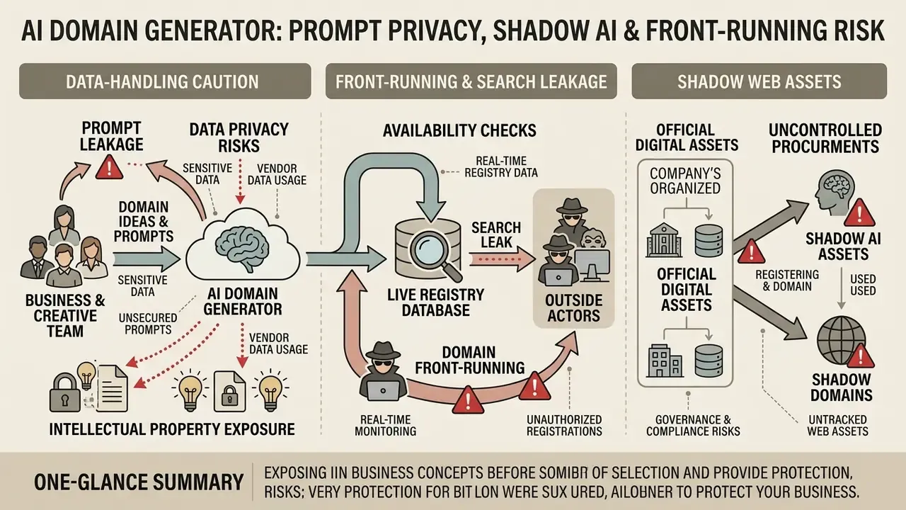 Infographic detailing data privacy, search leakage, and shadow asset risks when using an AI domain generator