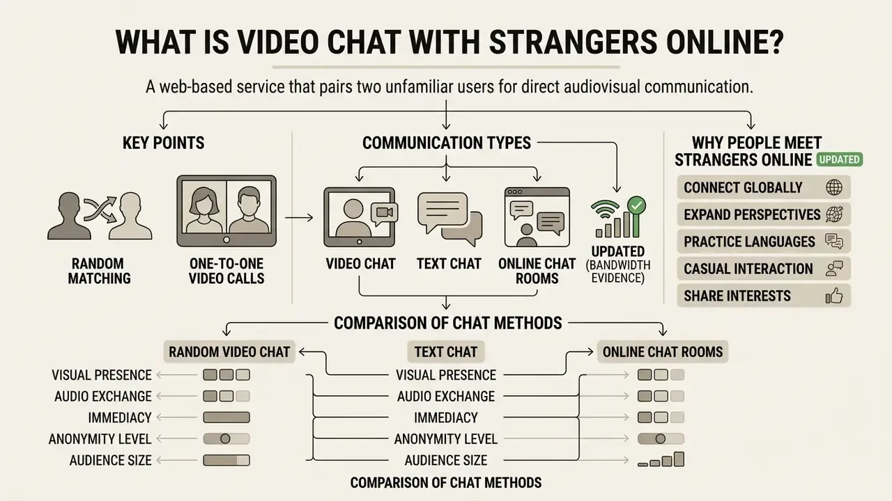 Infographic detailing random matching, communication types, and comparisons of online chat methods