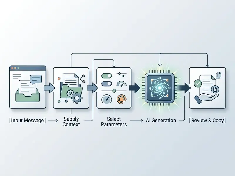 Sequential process flow from input message and context to parameter selection, AI generation, and final review