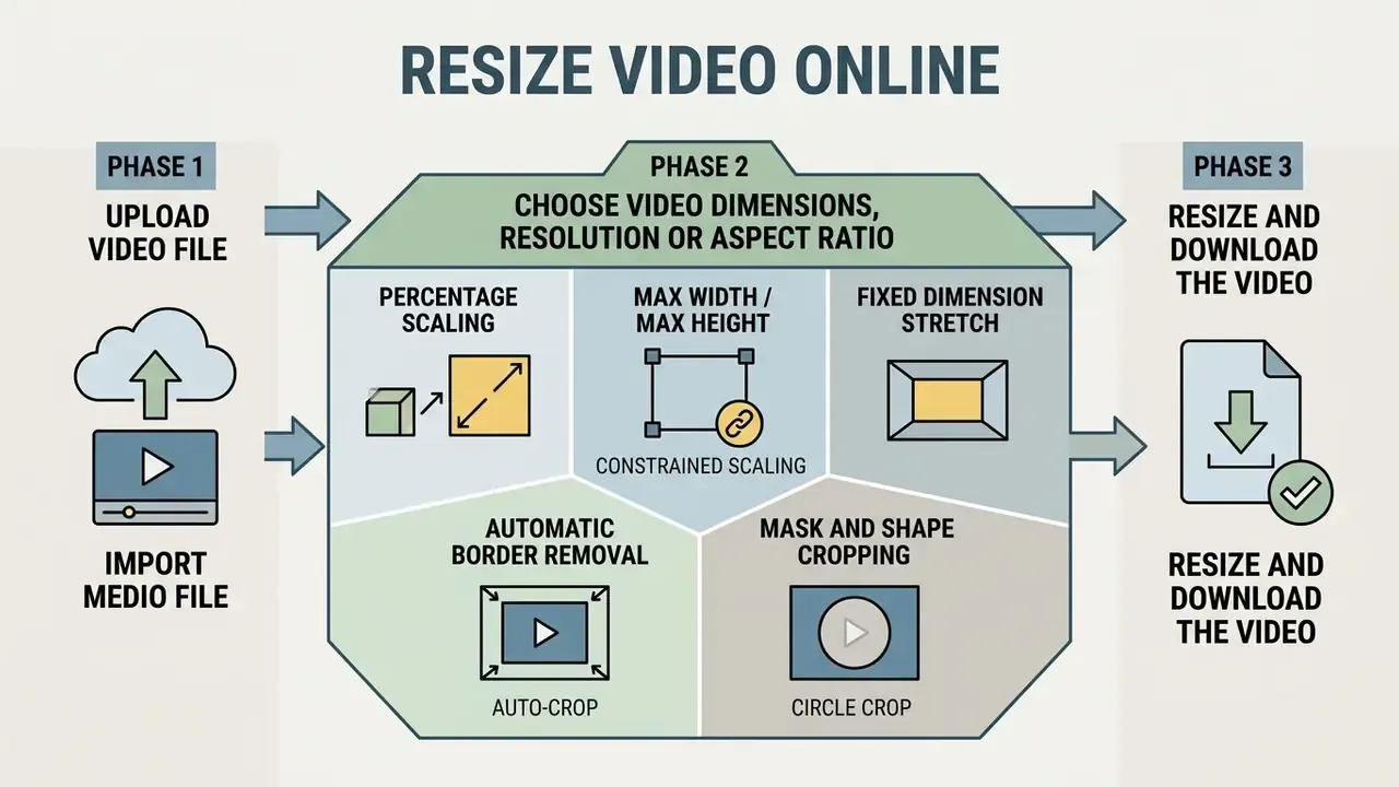 Three-step process flow chart showing how to upload, adjust dimensions, and download a resized video file