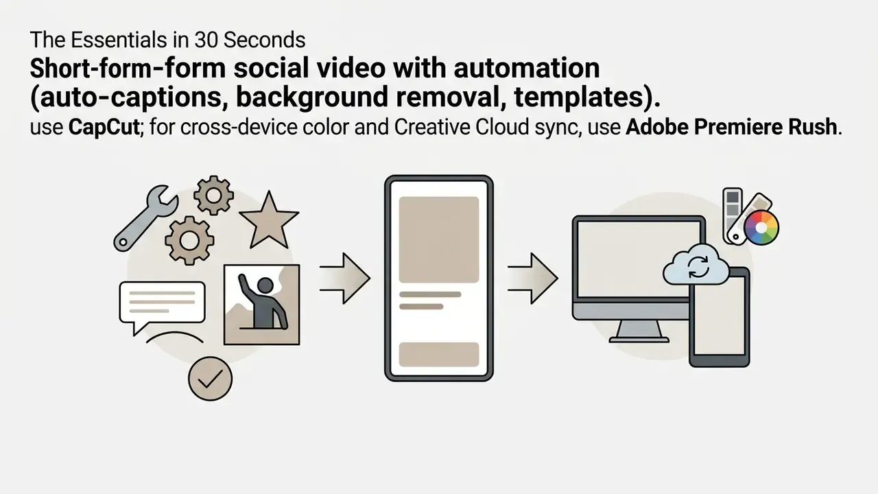 Icons representing automated video editing tools flowing into a smartphone and then to cloud sync devices