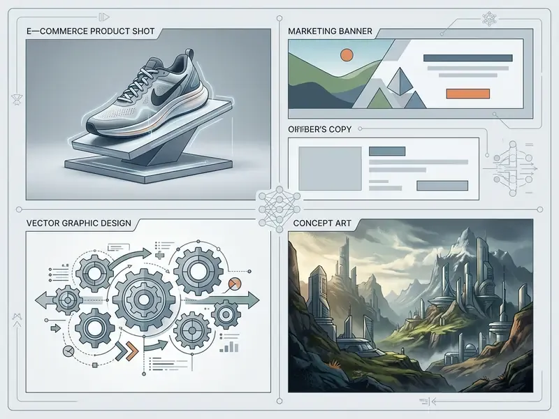 Grid showing AI image outputs including a product shot, marketing banner, vector graphic, and concept art