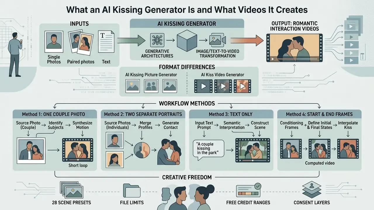 Infographic detailing how an AI kissing generator processes photos or text into romantic video content