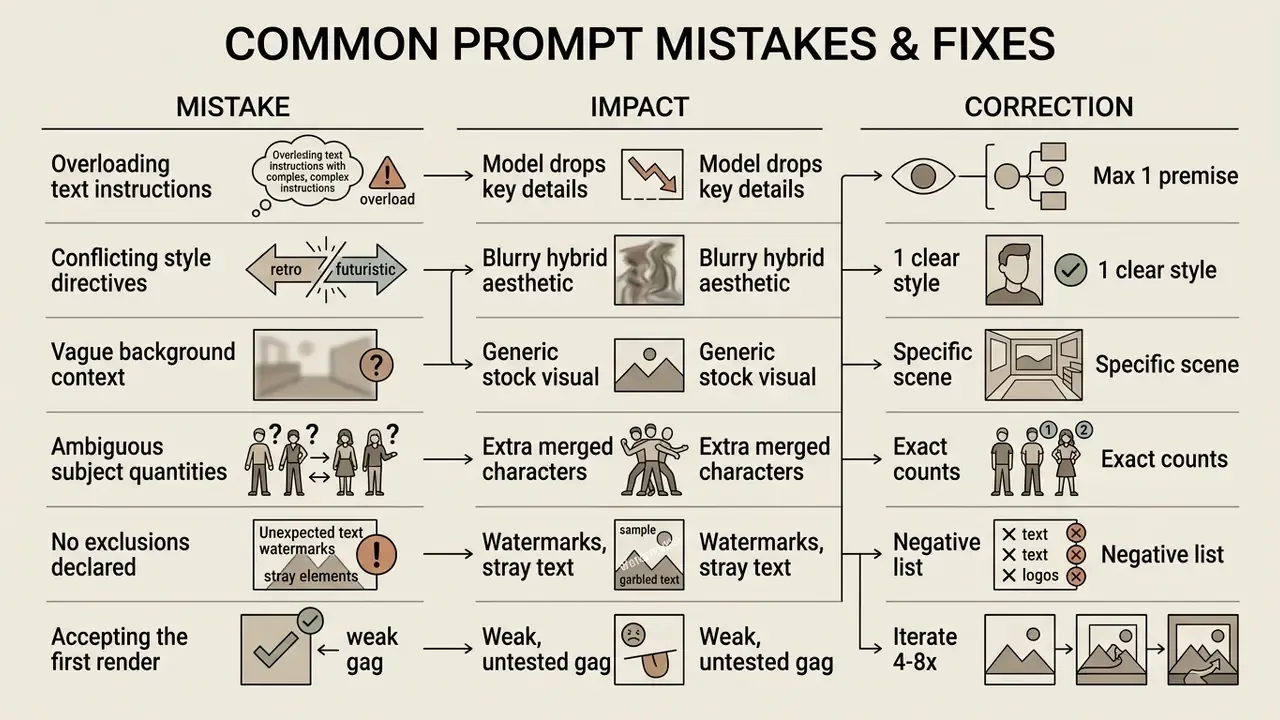 Table comparing common AI prompt errors with their negative impacts and suggested corrective actions