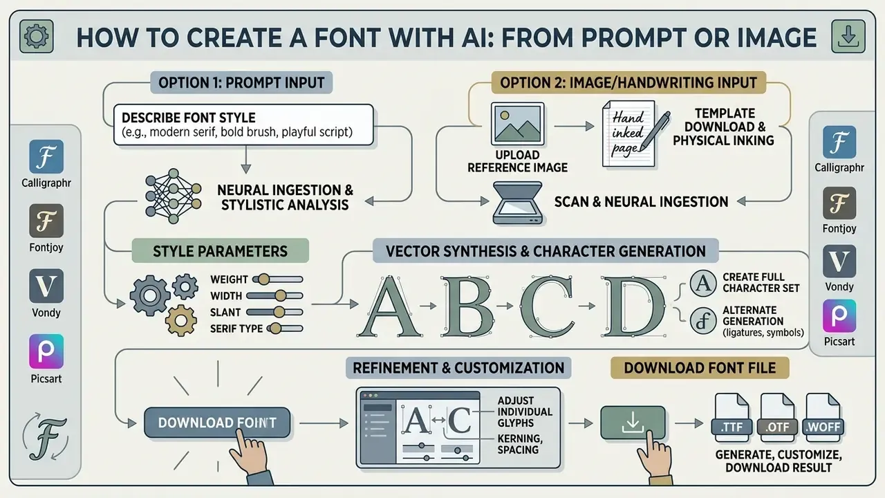 Flowchart detailing the steps to create a custom typeface using text prompts or scanned handwriting