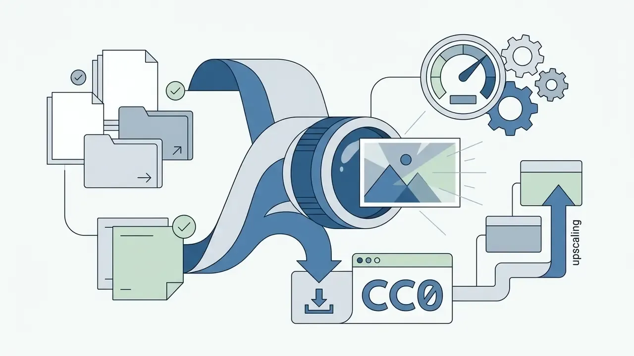 Files flowing through a camera lens mechanism into a CC0 download folder with upscaling indicators