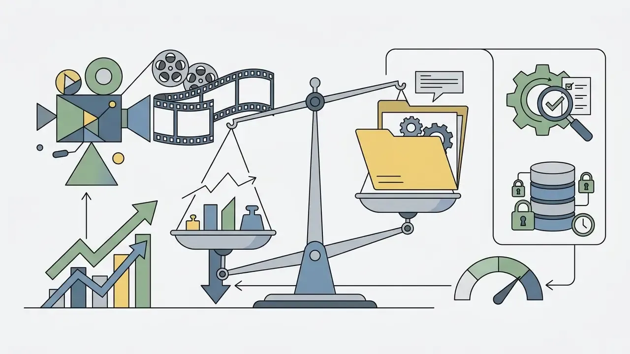 Balance scale weighing video production assets against governance tasks like audits and secure data storage