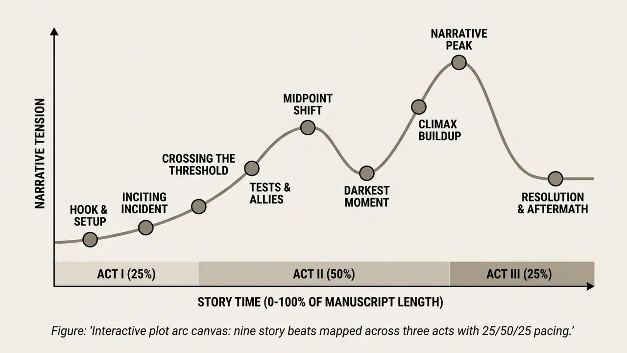 tension versus time plot arc visualization with nine story beats across three acts