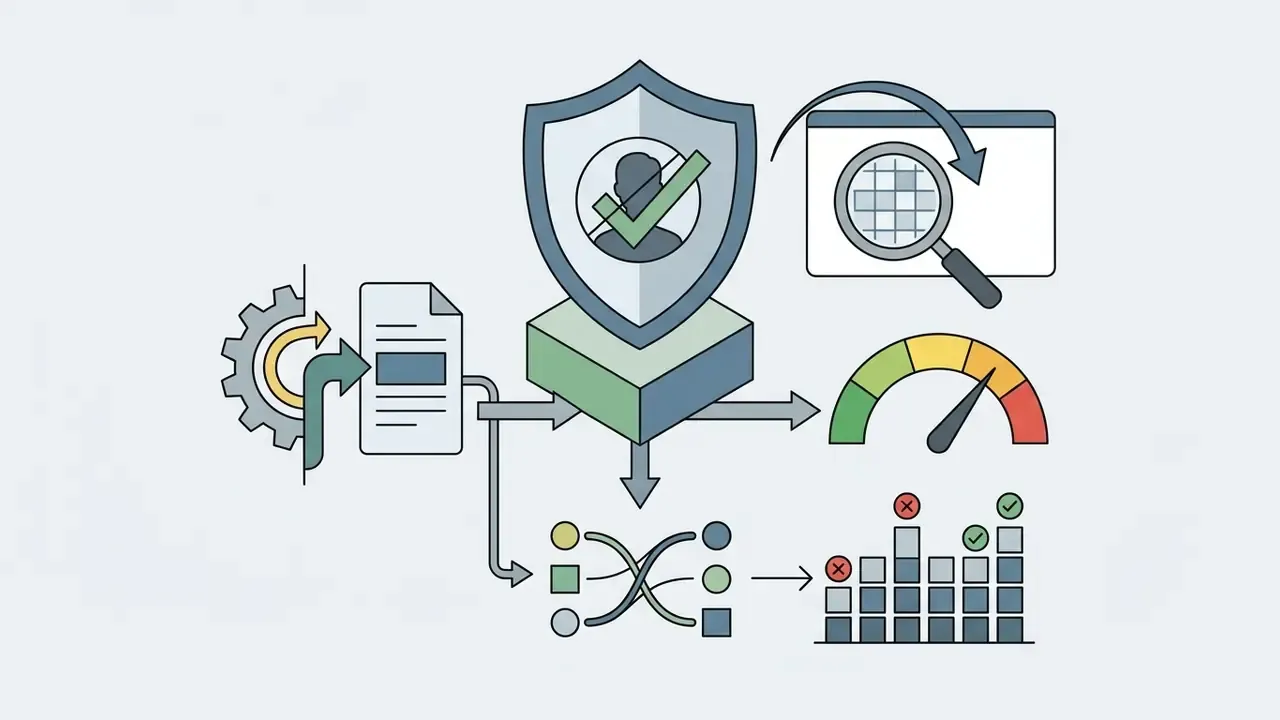 Document processing through a shield icon, magnifying glass, gauge, and data mapping to a status chart