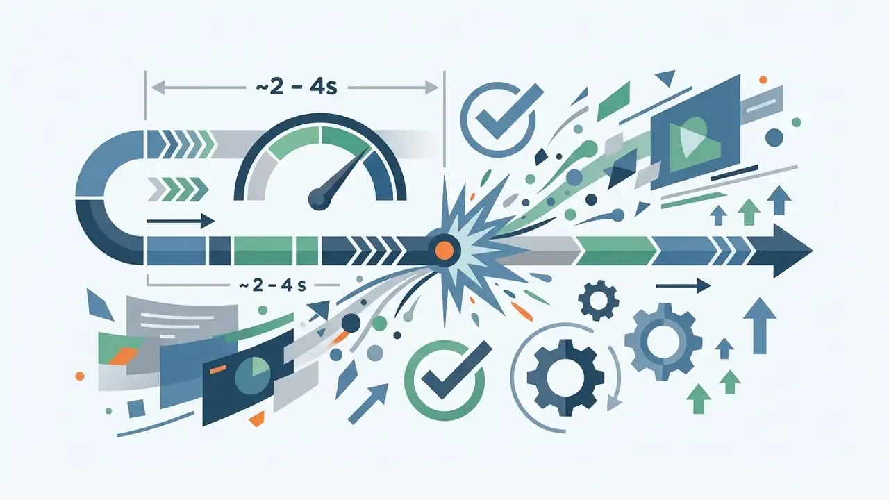 Speedometer and timeline indicating a short duration with an explosive transition into motion graphics