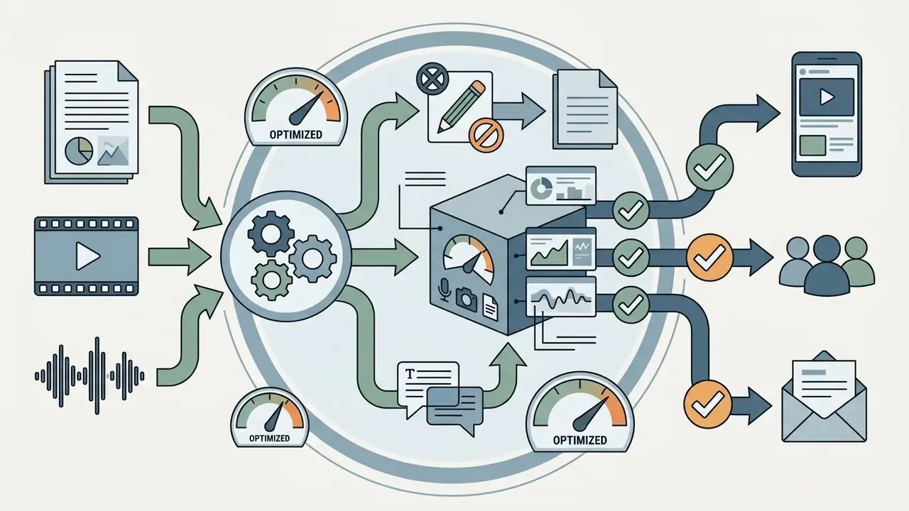 Video, audio, and document inputs feeding into processing gears and a central hub for output distribution