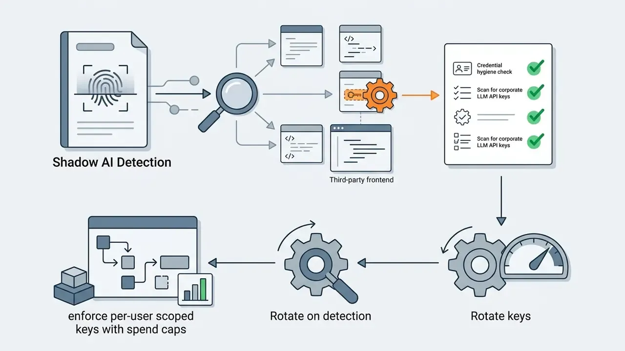 Document scanning and API key detection process leading to key rotation and per-user spend enforcement